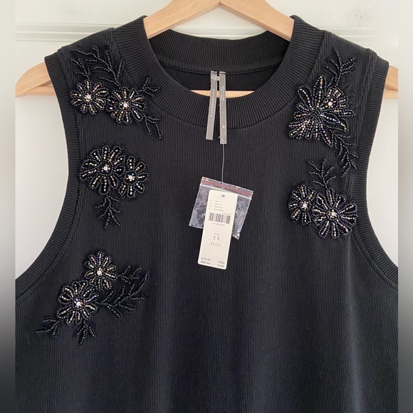 Anthropologie Black Beaded Applique Tank Top Sleeveless Ribbed Cotton Knit Sz 2X - Picture 5 of 16